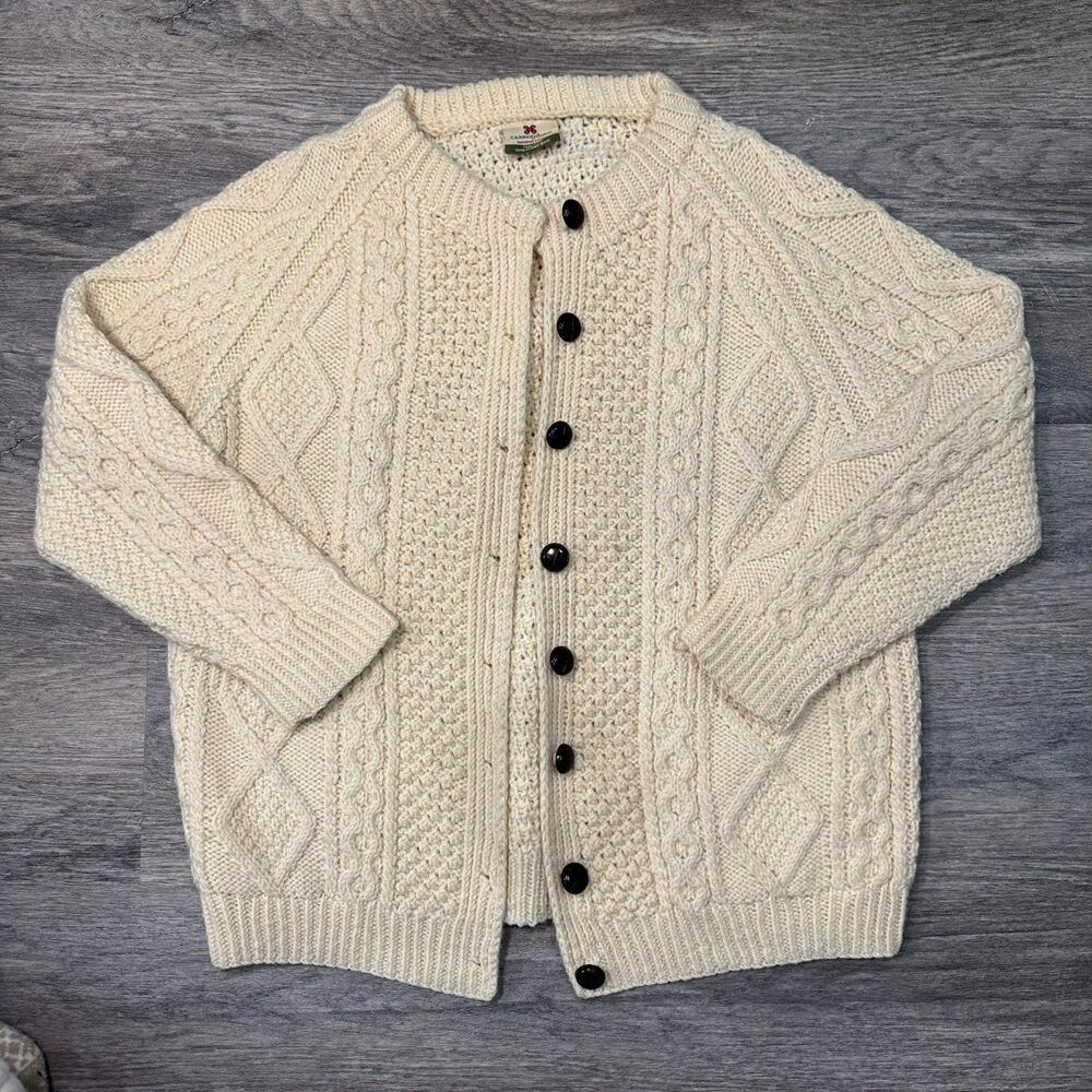 Carraig Donn Irish Aran Cable Knit Cardigan 100% Merino Wool Cream Size M